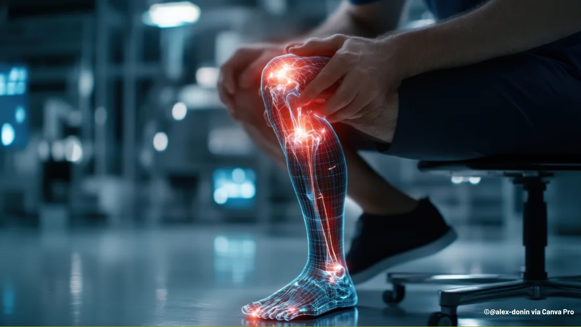 Stock image showing someone experiencingleg pain, with light imaging showing the pain areas