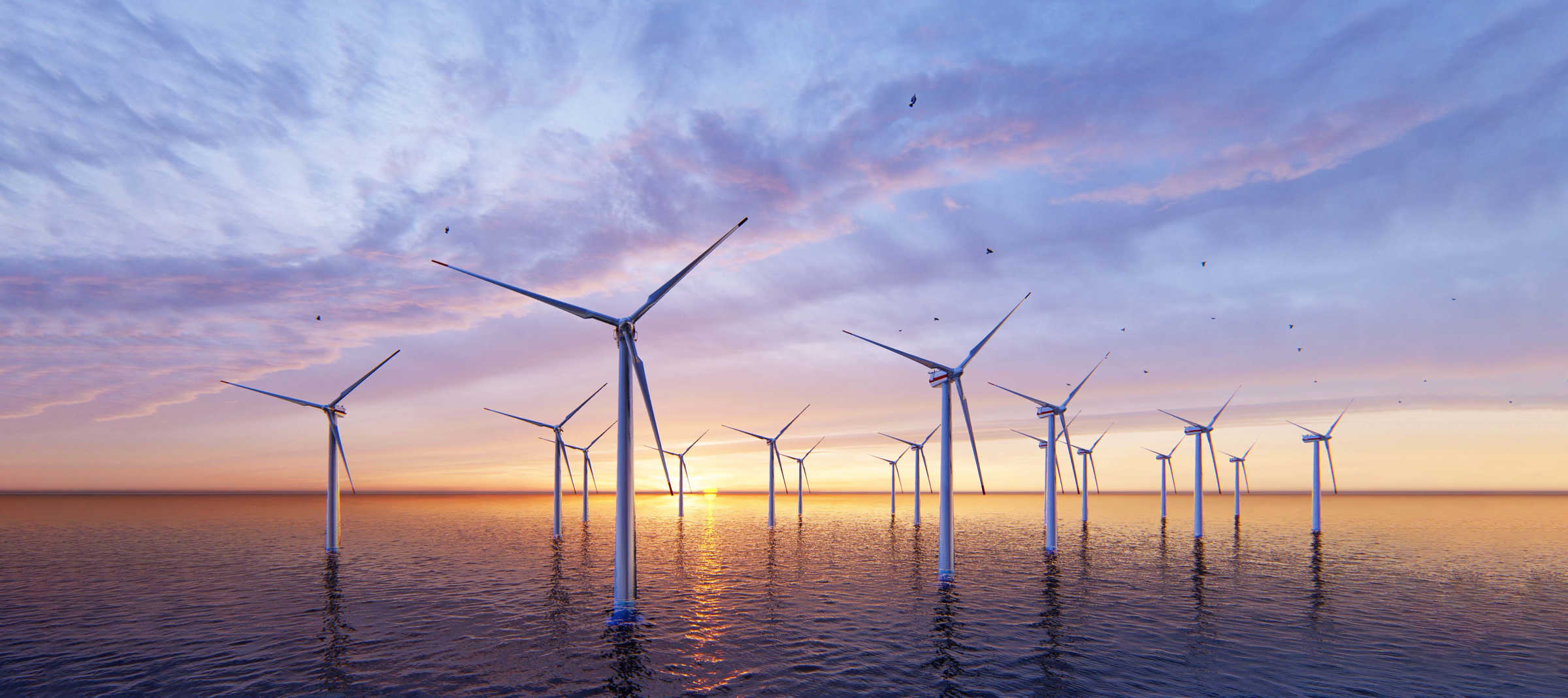 A wide-angle view of an offshore wind farm at sunset, with numerous wind turbines standing in calm ocean waters. The sky is painted with soft hues of purple, pink, and orange, and birds can be seen flying in the distance. The sun is low on the horizon, creating a serene and sustainable energy scene.